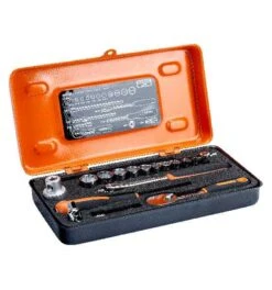 Bahco 1/4" Steckschlüssel-Satz, Sechskantprofil, Zoll Und Birnenförmiger Umschaltknarre/Gelenkgriff -19-tlg.