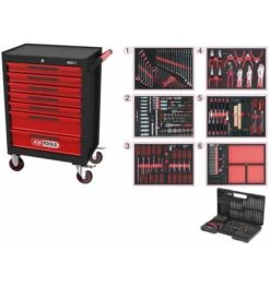 KS Tools ECOline Werkstattwagen Schwarz/rot, Mit 7 Schubladen Und 598 Premium-Werkzeugen